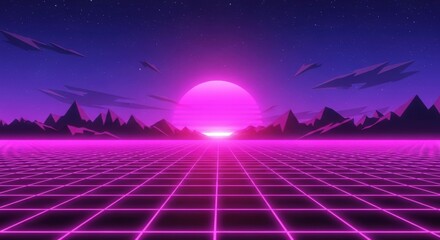 Neon Grid Sunset Over Distant Mountains cyberpunk