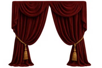 Red velvet theater curtains with gold tassels, luxurious drapes for grand stage or dramatic event