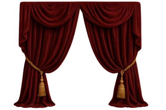 Red velvet theater curtains with gold tassels, luxurious drapes for grand stage or dramatic event