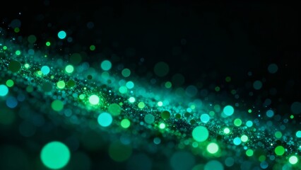 A dynamic display of glowing teal and green bokeh lights against a dark background, creating an abstract and vibrant visual effect.