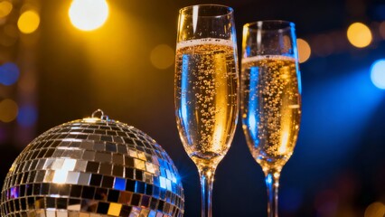 Two glasses of sparkling champagne with a disco ball in a vibrant party setting, illuminated by colorful stage lights.