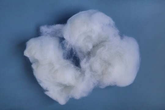 Soft white Dacron fibers displayed on a smooth blue background, highlighting their fluffy and lightweight texture.