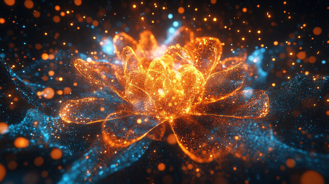 Vibrant digital particles converge to form an abstract glowing flower, symbolizing creativity, growth, and energy in a futuristic, dynamic composition. - Powered by Adobe