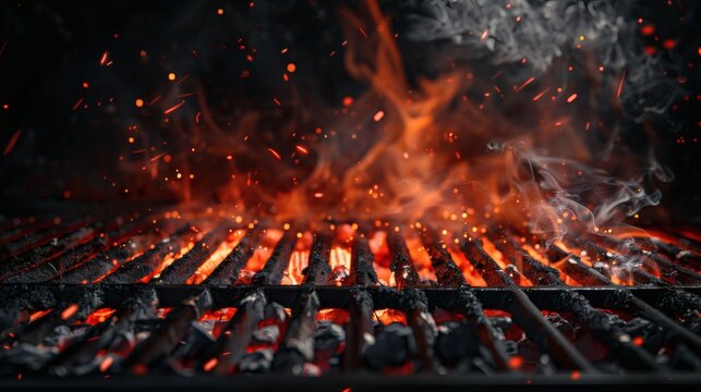 Fiery embers glow on a charcoal grill - Powered by Adobe
