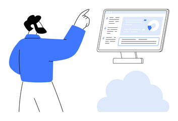 Businessman pointing to data visualization on computer monitor, with cloud below. Ideal for technology, cloud computing, analytics, data management, business strategy, remote work, modern tech