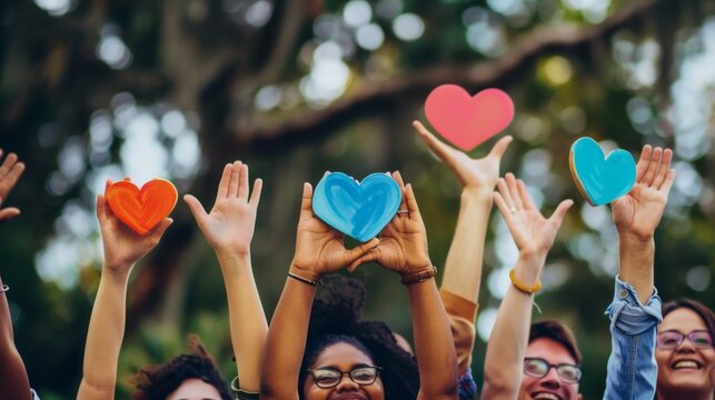 Happy diverse group of friends raising colorful hearts in the air