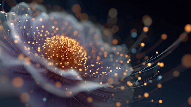 Vibrant digital particles converge to form an abstract glowing flower, symbolizing creativity, growth, and energy in a futuristic, dynamic composition. - Powered by Adobe