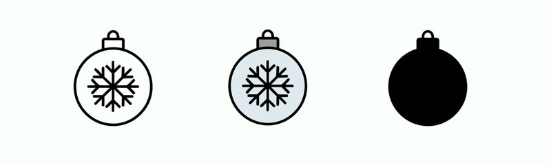 Three Christmas Bauble Line Icons with Snowflake Symbol Isolated on White