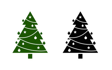 Silhouetted evergreen fir trees with ornaments against a white background