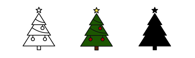 Christmas Tree Illustrations: Outline, Color, and Silhouette Set Against White Background