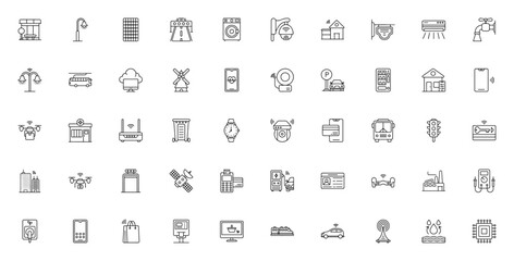Smart City icon set. Vector illustration featuring bs stop, street lamp, solarenergy, highway, smart houe, CCTV, traffic light, drne delivery, cashless paymnt, and more.