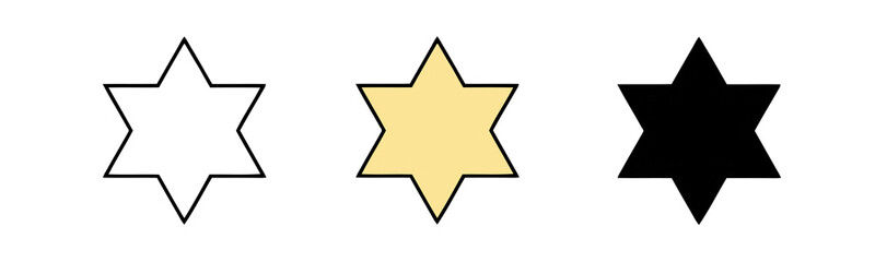 Row of three hexagram star shapes in black, yellow, and outline against a white background