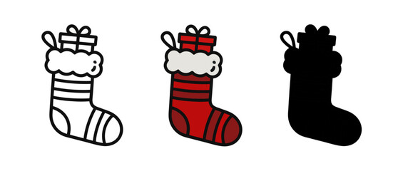 Christmas stocking with gift set in line and colored art with black silhouette