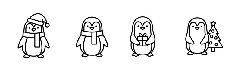 Set of Four Black and White Penguin Icons with Scarf, Gift, and Christmas Tree