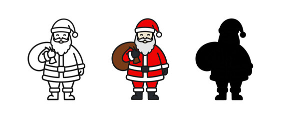 Three Santa Claus Figures Featuring Outline, Color, and Silhouette Versions