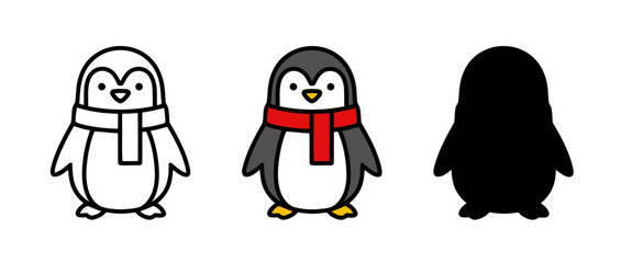 Three Penguin Graphics: Outline, Color, and Silhouette Illustrations on White Background