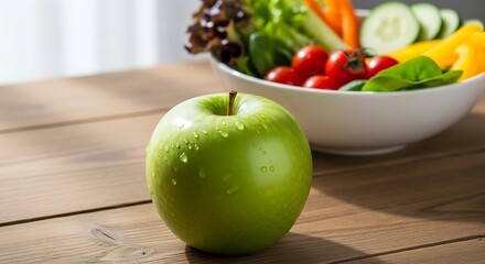 Healthy Lifestyle Concept with Green Apple, Measuring Tape, and Fresh Salad
