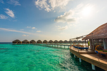 Tropical island beach landscape exotic shore coast. Tranquil closeup calm sea water waves with palm trees. Beautiful Panorama. Summer vacation, holiday amazing nature. Relax paradise, Maldives.
