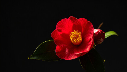 黒背景に咲く赤い椿の花