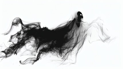 Ghostly figure in black and white, ethereal smoke-like form