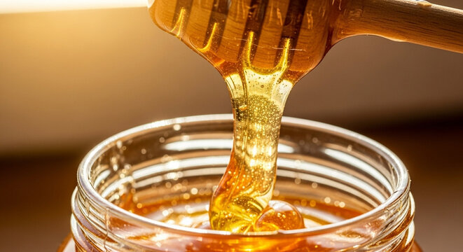 Macro shot of golden honey dripping from a wooden dipper into a glass jar, sunlight illuminating the amber tones