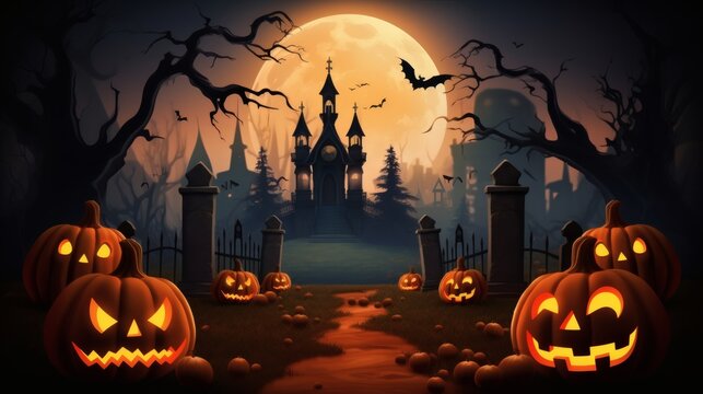 Spooky halloween night scene with jack-o'-lanterns and a haunted castle under a full moon