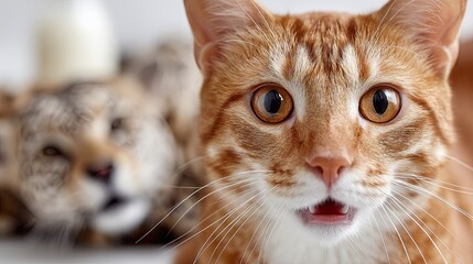 Close-up of a surprised ginger cat with wide eyes, another cat blurred in the background.