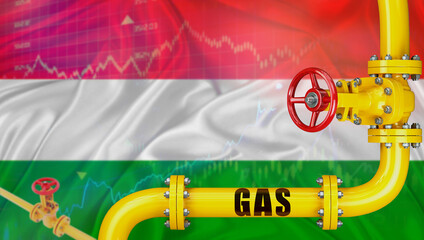 Gas pipeline with the Hungary flag in the background. Gas production with the Hungarian flag on a...