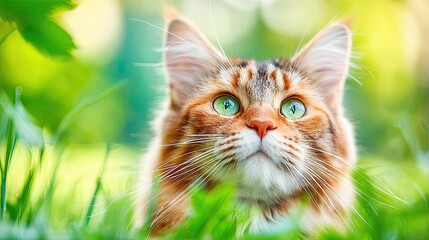 Close-up of a fluffy Maine Coon cat with striking green eyes peeking through lush green grass.