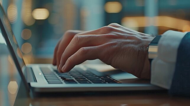 Close-up of hands typing on a laptop keyboard at night