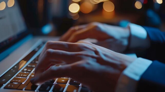 Hands typing on laptop keyboard at night with blurred city lights in background - Powered by Adobe