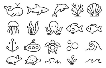 Fototapeta premium Set of marine life icons featuring fish, whale, dolphin, shark, and more sea creatures