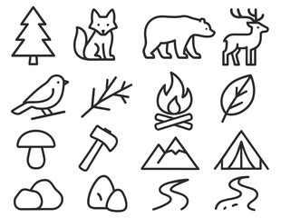 Fototapeta premium Forest adventure icons: wildlife, campfire, hiking, nature symbols