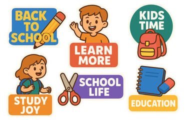 Colorful education icons featuring cartoon children and school supplies