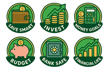 Financial management icons highlighting saving, investing, and budgeting strategies
