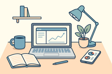 Cozy workspace with laptop, charts, and office supplies on desk