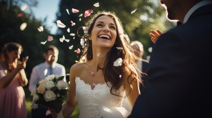Happy bride and groom joyfully celebrate their wedding day outdoors, surrounded by loved ones throwing flower petals