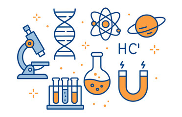 Colorful icons representing science concepts with atoms and laboratory equipment