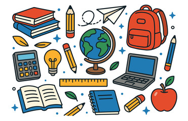 Colorful school supplies: books, backpack, globe, and more educational tools