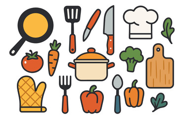 Colorful culinary icons featuring vegetables utensils cookware and chef hat
