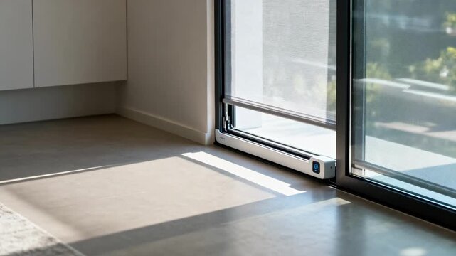 Automated smart window system showcased in medium shot seamlessly controlling light levels through dynamic shading for optimal room brightness.