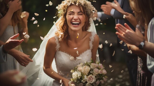 Joyful bride laughing amidst flower petals thrown by guests