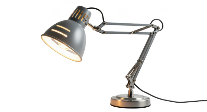 Modern Grey Articulated Desk Lamp Illuminated On Black