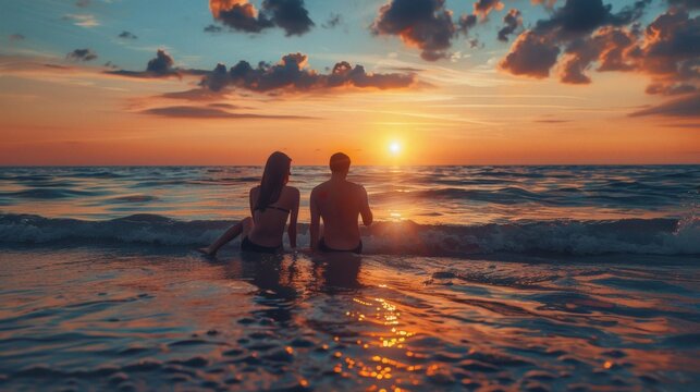 Couple watching sunset over ocean waves - Powered by Adobe