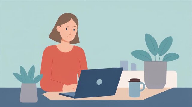 Animated woman working remotely on her laptop in a bright and modern home office, perfect for showcasing flexible work and digital lifestyle