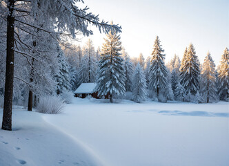 Fototapeta premium Cozy wooden cabin in snow-covered forest, winter landscape, peaceful nature
