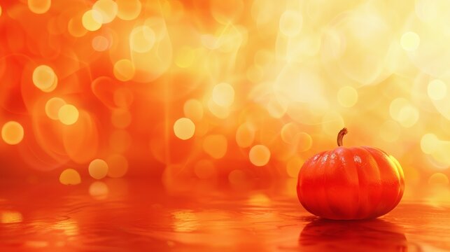 Single ripe orange pumpkin on reflective surface with warm yellow bokeh background