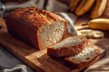 Golden Brown Banana Bread Freshly Baked and Sliced on a Wooden Board Surrounded by Ripe Bananas and a Cozy Kitchen Setting