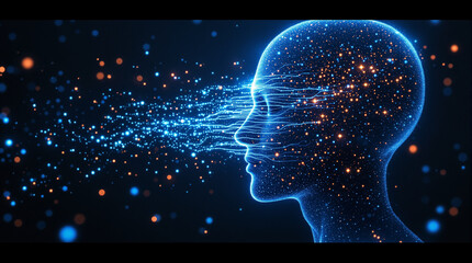 Dynamic digital head with glowing particles conveys modern technology and innovation themes