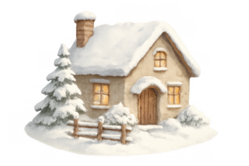 Cozy winter cottage illustrating festive holiday season, a charming snowy house with glowing windows and a christmas tree